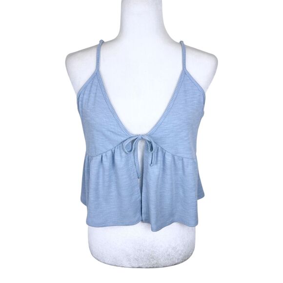 Garage Tank Top Women Large Blue Ribbed Knit Tie Front Sleeveless Cropped - Picture 1 of 11